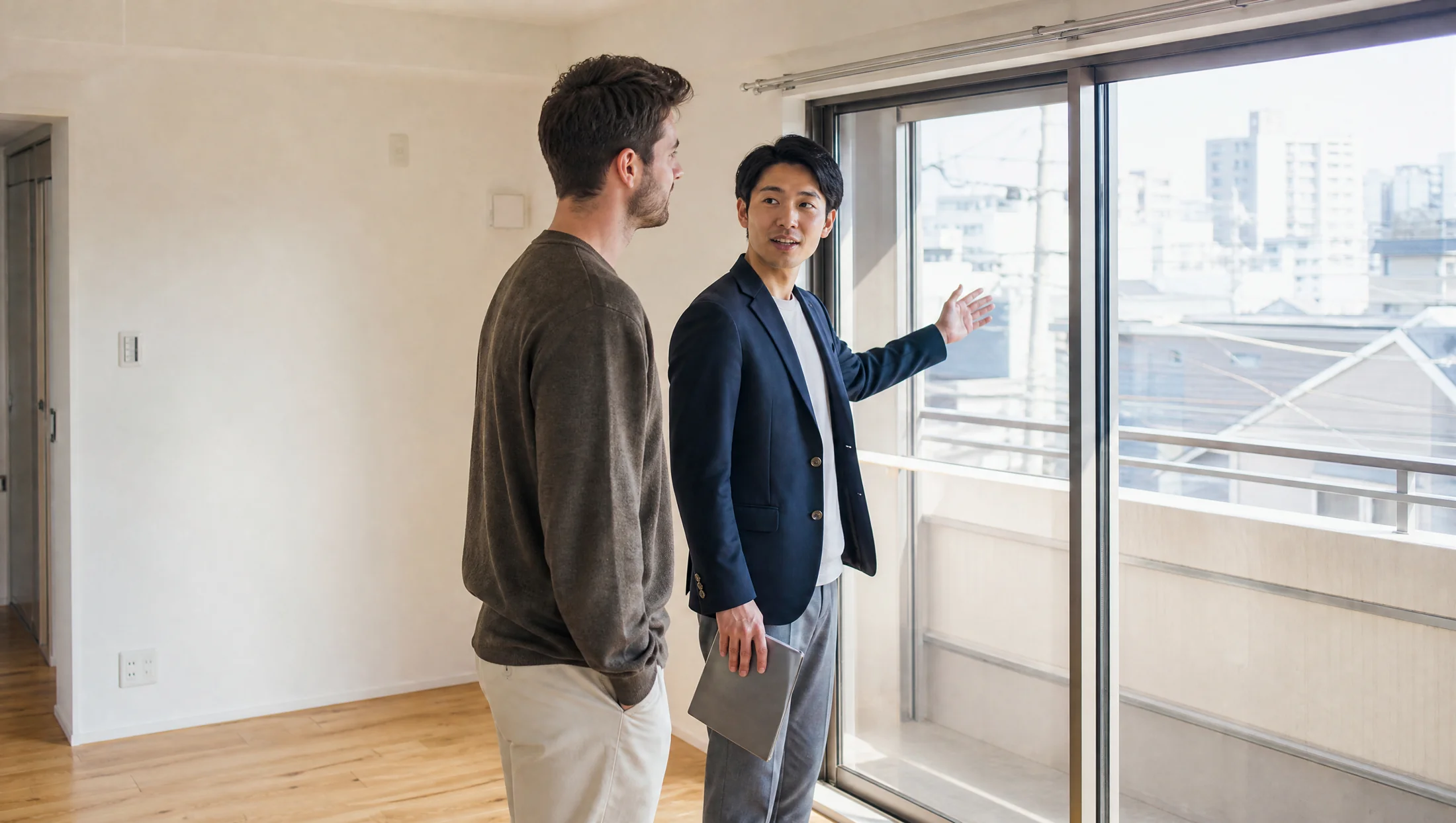 窓辺で住まいを案内する担当者